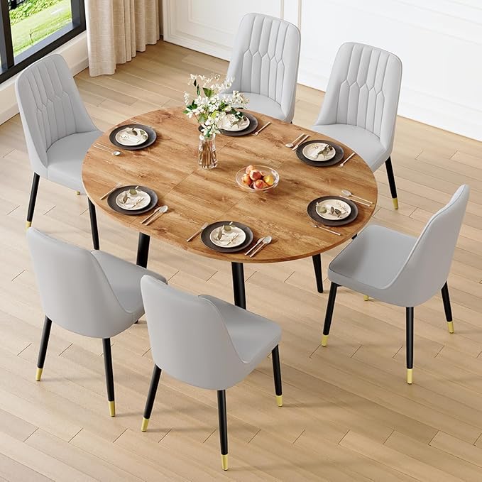 42"-54" Extendable Dining Table Set for 6, Oval Dining Table Set for 6, 0.73" Thick Wood Tabletop with Smooth Edge, Black Metal Leg with Non-Slip Footmat, 6 Soft PU Chairs, for Kitchen, Small Space