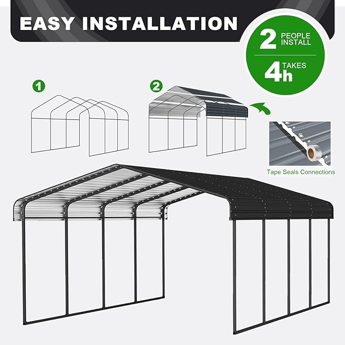 10x15 FT Metal Carport, Heavy Duty Car Port with Galvanized Metal Roof, Outdoor Garage Car Shelter Shade for Car, Boats and Truck (Dark Gray)