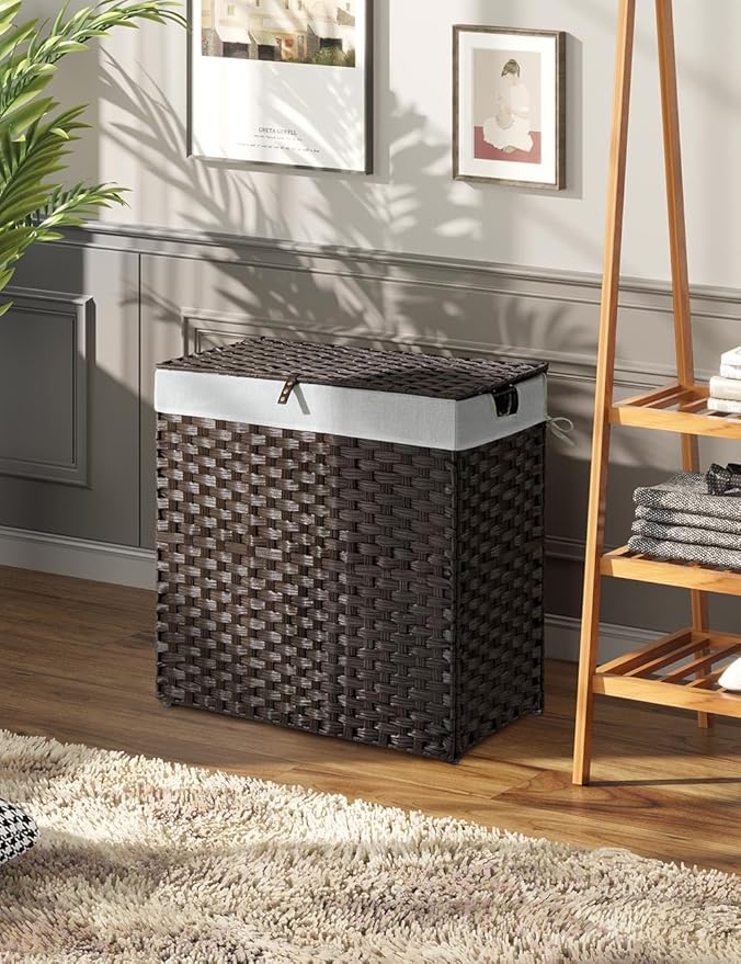 Greenstell Laundry Hamper with lid, No Install Needed, 90L Wicker Laundry Baskets Foldable 2 Removable Liner Bags, 2 Section Clothes Hamper Handwoven Rattan Laundry Basket with Handles, Brown