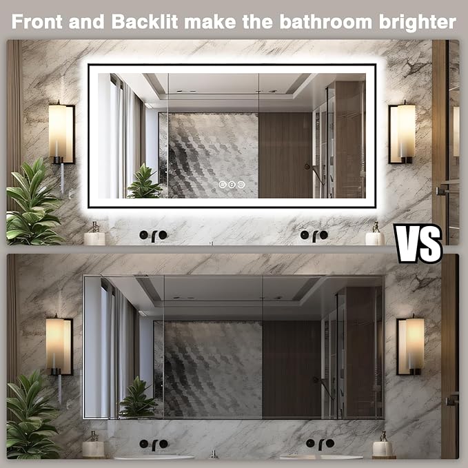 Large 88x38 LED Bathroom Mirrors - Black Aluminum Trim (Front and Backlit), Anti-Fog Vanity Mirror with Lights,Stepless Dimmable Lighted, 3 Colors Smart, Memory (Horizontal/Vertical)