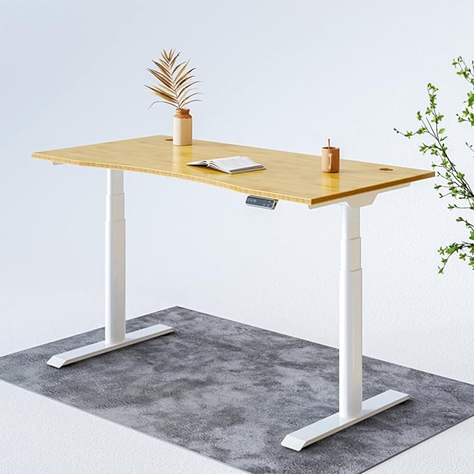 FLEXISPOT E6 Pro Oval Leg Dual Motor 3 Stages Bamboo Electric Standing Desk 60x30 Inch Whole-Piece Board Height Adjustable Electric Sit Stand Up Desk (White Frame + Bamboo Curved Desktop)
