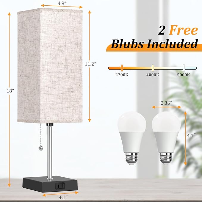 Table Lamp for Bedroom set of 2,3-Color Bedside Lamps with Pull Chain Table Lamps for Nightstand with AC Outlets,18'' Night Light Lamps with 2 Bulb Lamps for Living Room Kids Office Decor（Black+Cream）