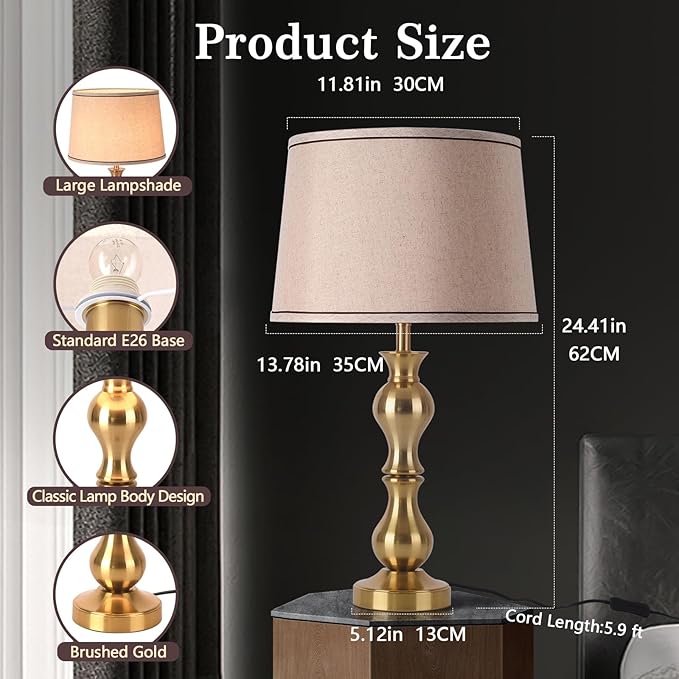 Modern Table Lamps Set of 2, Gold Brass Tall Skinny Table Lamp, Modern Buffet Table Lamp for Bedside Living Room Bedroom Nightstand,Contemporary Table Lamp Side Table Lamp