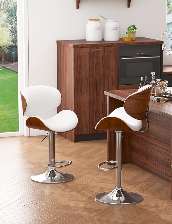 Bar Stools Set of 4, Modern Pu Leather Swivel Adjustable Bar Stool Counter Height Stool Set, Bar Chair with Back and Footrest for Kitchen, Dining Room, White