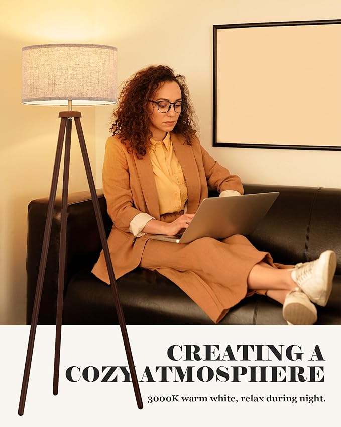 ELYONA Wood Tripod Floor Lamp Brushed Brass Metal & 3 Color Temperatures LED Bulb Vintage Wooded Standing Lamp Industrial Tall Light for Living Room Bedroom Office Beige Linen Shade Dark Brown & Gold