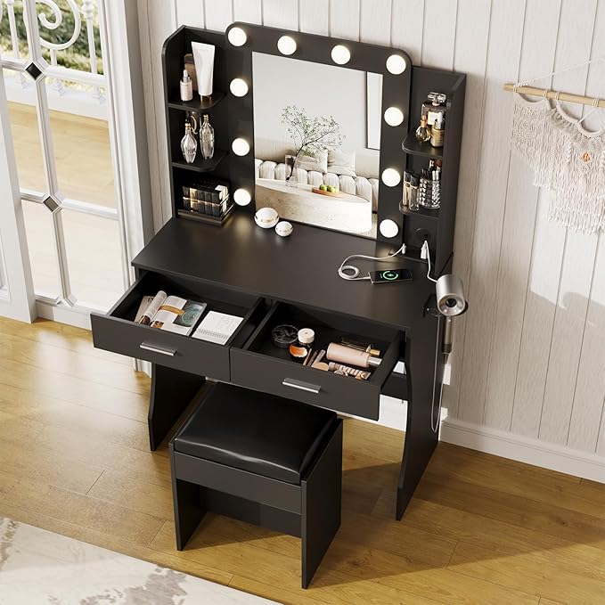 Maupvit Vanity Desk with Mirror and Lights,Makeup Vanity Table Set with Power Outlet,3 Lighting Modes & Adjustable Brightness Dressing Table with 2 Drawers for Bedroom Dressing Room,Black