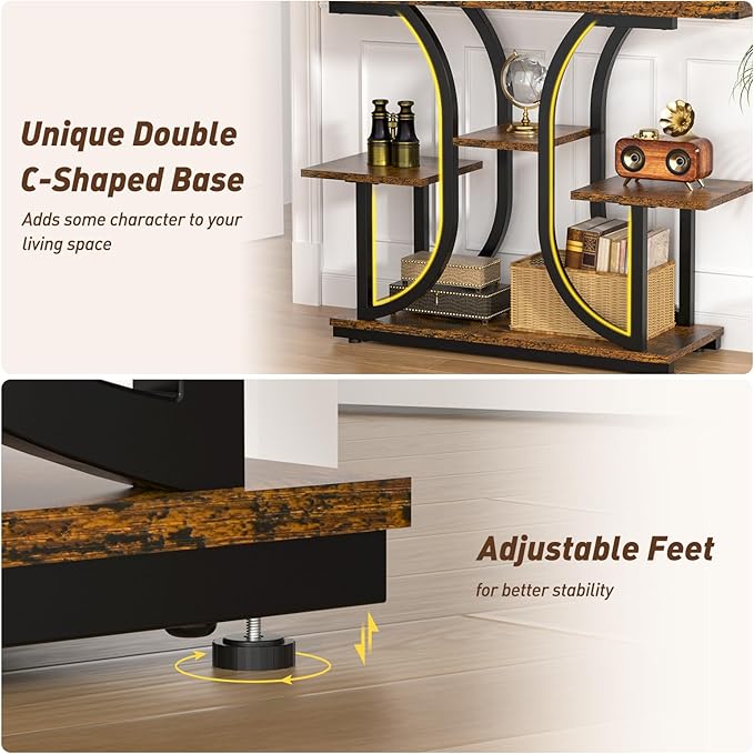 ikkle 42.5" Console Table, Industrial 4-Tier Sofa Table Entryway Table with Curved Base, Narrow Wood Accent Tables with Storage Shelves for Living Room, Hallway, Foyer, Rustic Brown