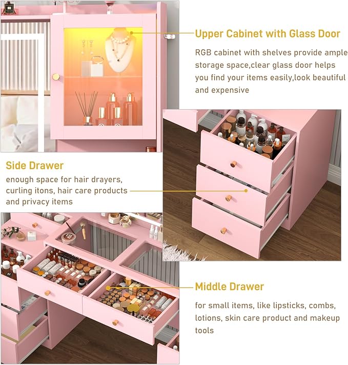 62" Large Pink Vanitys Desk w/ Tempered Glass Top,60000-color LED Lights,Power Outlet, Make up Vanity w/ 3 Lights Mode LED Mirror,9 Drawers,2 RGB Cabinet LED Vanity Table for Women,Girls