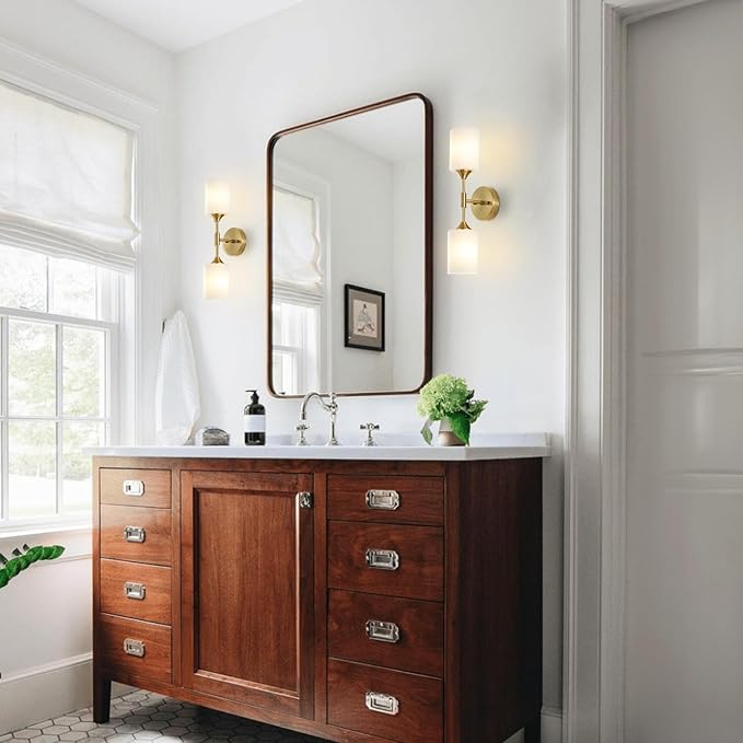 2-Lights Gold Wall Sconce with White Cylinder Glass Shades Modern Mid Century Bathroom Vanity Wall Light Fixtures Industrial Brushed Brass Wall Lamp for Bedroom Mirror Living Room Restaurant