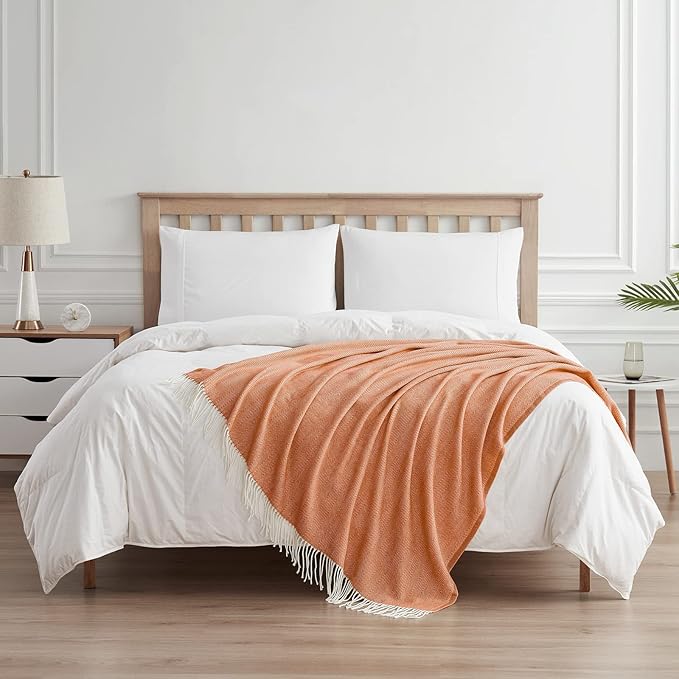 BOURINA Decorative Herringbone Faux Cashmere Fringe Throw Blanket Lightweight Soft Cozy for Bed or Sofa Farmhouse Outdoor Throw Blankets, 50" x 60" Orange