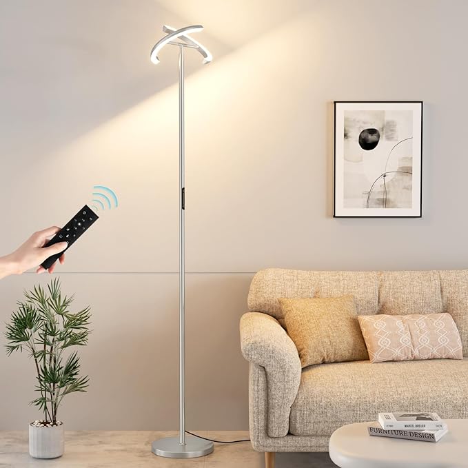 LED Floor Lamp - 70" Tall Modern Standing Lamp with 2 Rotatable Lights, Remote & Touch Control, 24W Bright Stepless Dimmable, Ideal for Living Room Bedroom Office(Silver Grey)