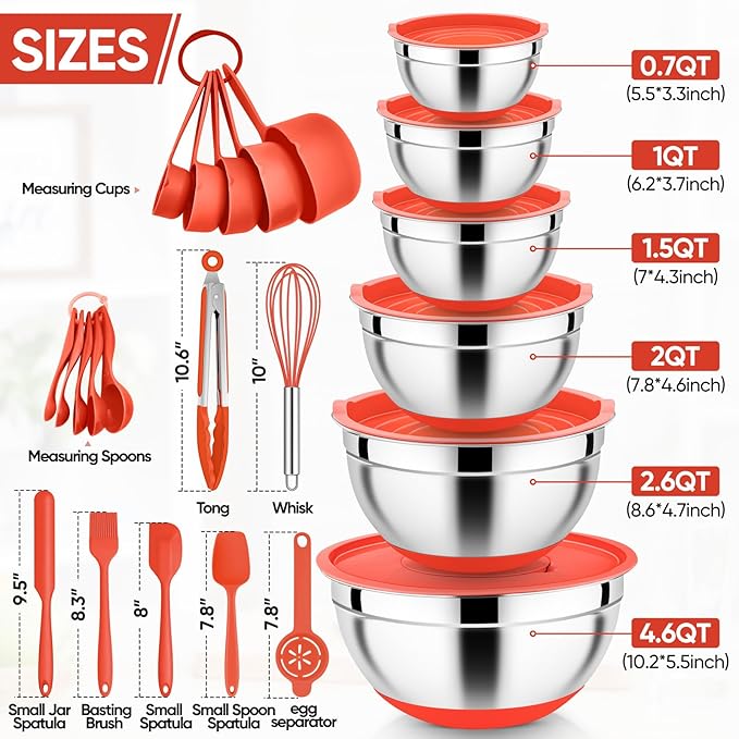 E-far Mixing Bowls with Lid Set, 25PCS Stainless Steel Nesting Prep Bowls with Grater Attachments Utensils Non-Slip Bottoms for Cooking, Baking, Serving, Food Storage, 4.6/2.6/2/1.5/1/0.7QT - Red