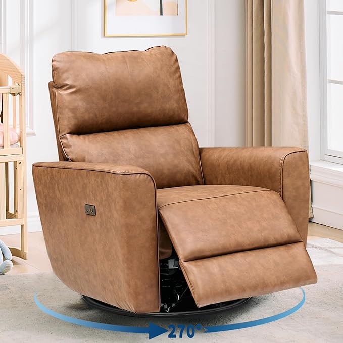 GarveeHome Power Recliner Chair Swivel Glider Upholstered Faux Leather Nursery Rocker Reclining Sofa Chair with Charging Port, Curved Armrests & Padded Backrest (Brown)