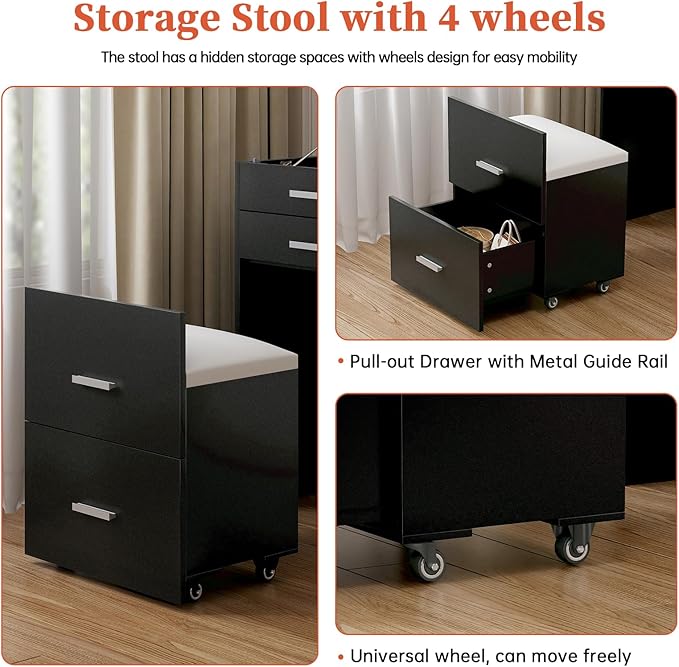 Compact Vanity with 3 Drawers, 3 in 1 Vanity Desk, Makeup Desk with Flip-up 3 Colors Lighting Mirror and Cushioned Stool, Small Vanities Nightstand Perfect for Bedroom, Black