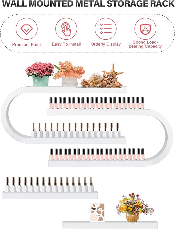 EBANKU 6PCS U Shape Nail Polish Racks Heavy Duty Nail Shelfs for Wall Nail Polish Display Rack Cosmetic Display Cases Nail Polish Organizer Wall Shelf for Home Spa Nail Salon(White)