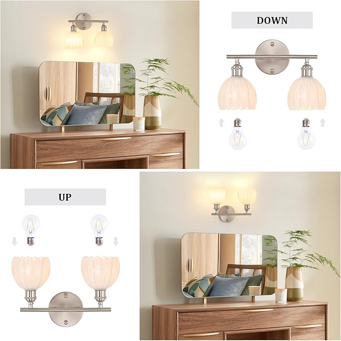 Bathroom Light Fixtures, 2-Light Vanity Wall Light Over Mirror with White Tulip Glass Shade for Bedroom Living Room, Satin Nickel