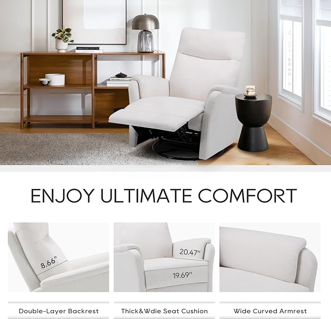 COLAMY Swivel Rocking Recliner Chair, Nursery Rocker Glider Recliner with Extra Large Footrest, Deep Seat, High Back, Upholstered Fabric Reclining Single Sofa for Living Room-White