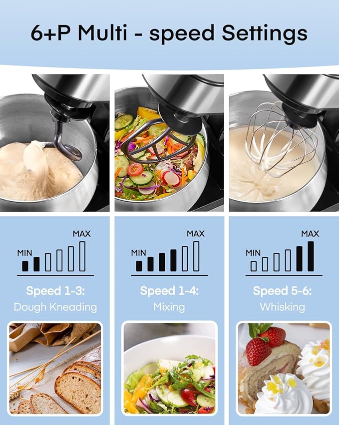 Stand Mixer FOHERE, 5.8 QT Stainless Steel Mixer with Dough Hook, Mixing Beater, Wire Whip, Dishwasher-safe, 6+P Speeds Tilt-Head Kitchen Dough Mixers for Cake, Electric Home Cooking Kitchen Mixer