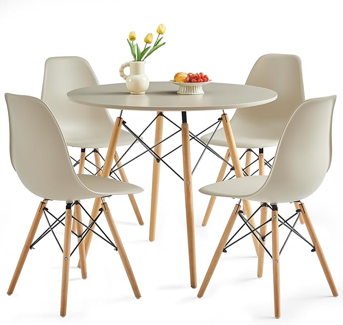 Round Dining Table Set for 4 35.5" Wood Dinner Table Circle Dining Table Kitchen Table Chairs Set of 4 with Wood Strip Base for Kitchen Living Room Space Saving Apartment(Beige)