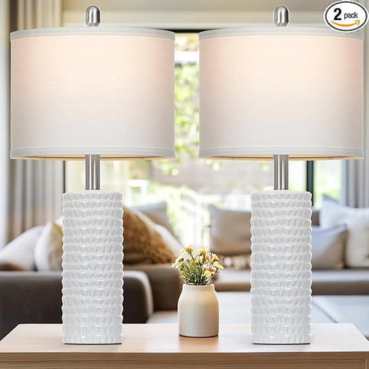 24.5" Modern Ceramic Table Lamps for Living Room ，Farmhouse Nightstand Lamps Set of 2 with White Linen Shade Office Reading Lamp ，Bedroom Lamps for Bedside End Table, Bedroom, Living Room, White