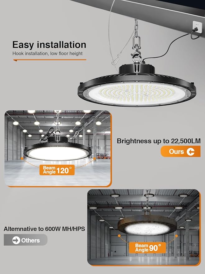 High Bay LED Shop Lights, 1 Pack, 150W, 5000K, 22500LM, UFO LED High Bay Light with 5' Cable(Eqv.600w Mh/Hps/Hid) Shop Lights for Garage Factory Workshop Warehouse Barn