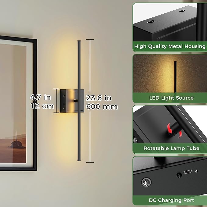 DORESshop Battery Operated Wall Sconces Set of Two with Remote Control, Rechargeable Wall Sconce, 350°Rotate Dimmable Wireless Wall Sconce for Living Room, Hallway, Bedroom, 23.7 Inch, Black(2 Pack)