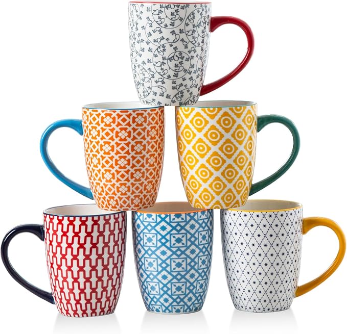 Ceramic Coffee Mugs Set - 16 Oz Large Porcelain Tea Cups with Handle for Men Women Cappuccino Latte Cocoa - Microwave Dishwasher Safe - Christmas Housewarming Gift - Set of 6 - Assorted Colors