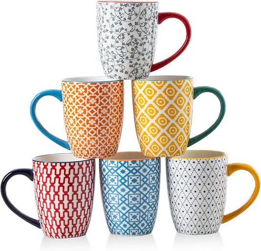 Ceramic Coffee Mugs Set - 16 Oz Large Porcelain Tea Cups with Handle for Men Women Cappuccino Latte Cocoa - Microwave Dishwasher Safe - Christmas Housewarming Gift - Set of 6 - Assorted Colors