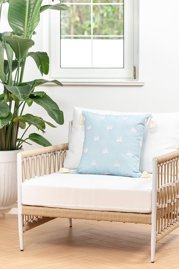 Hofdeco Premium Coastal Hampton Style Patio Indoor Outdoor Throw Pillow Cover Only, 18"x18" Water Repellent Summer for Backyard, Couch, Baby Blue Embroidered Palm Leaf Tassel