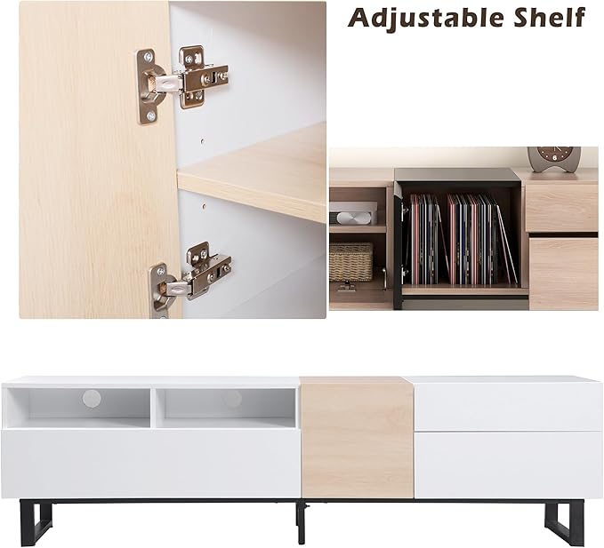 Merax Modern TV Entertainment Center with Cabinets, Drawers & Open Shelves, Wood TV Stand for TVs Up to 80” for Living Room Bedroom (White & Natural)