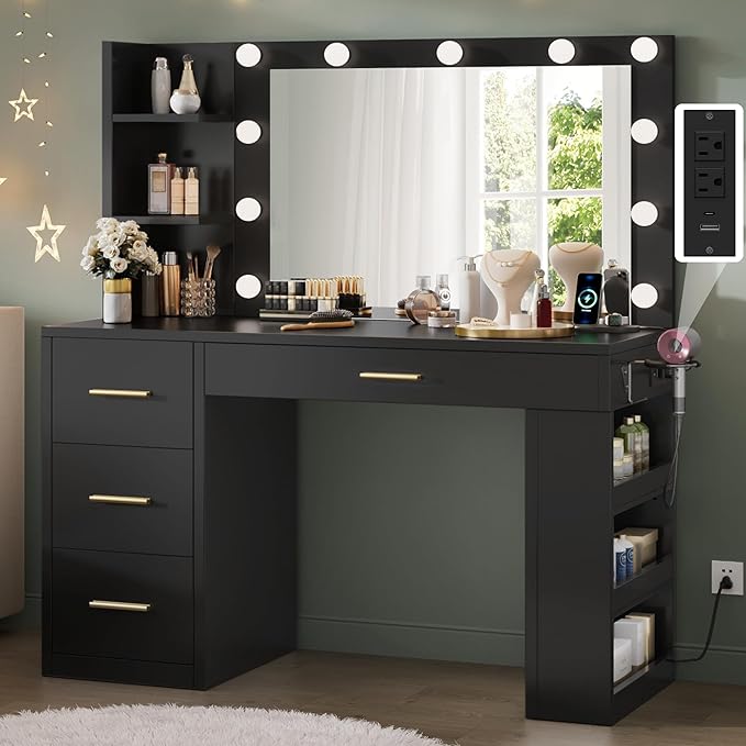 YITAHOME Vanity Desk with Mirror and Lights, Makeup Table with Charging Station, Large Vanity Set with 4 Drawers, Cute Makeup Desk with 6 Storage Shelves, Black