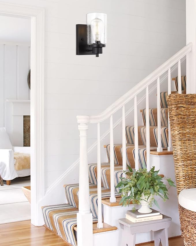 3 Pack Bath Vanity Light Fixtures Wall Sconce, Modern Indoor Bathroom Wall Lights with Seeded Glass, Black Wall Light Fixtures for Bedroom Mirror Kitchen Living Room Entryway Patio