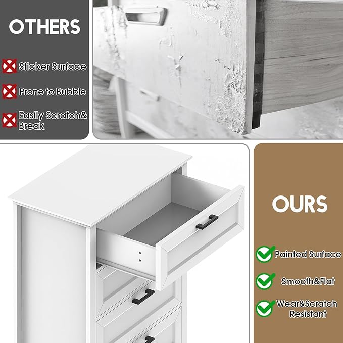 White Dresser with 5 Drawers, Vertical Storage for Bedroom, Wood Tall Dresser for Hallway, Wooden Tall Chest of Drawers for Entryway, Nursery, Lingerie Chest Drawer, Modern Farmhouse Style