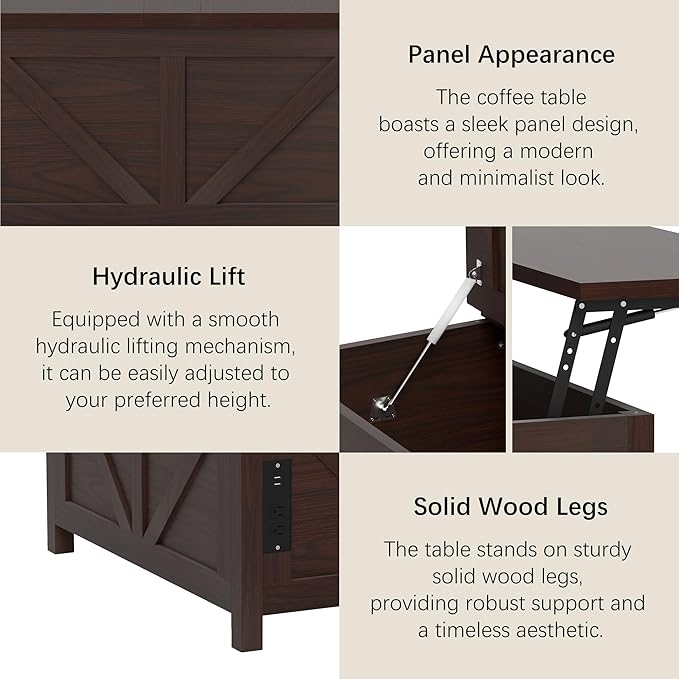 35'' Farmhouse Lift Top Coffee Table, Coffee Table with Storage and Large Hidden Storage, Square Coffee Tables with Charging Station&USB Ports, Lift Coffee Tables for Living Room, Brown