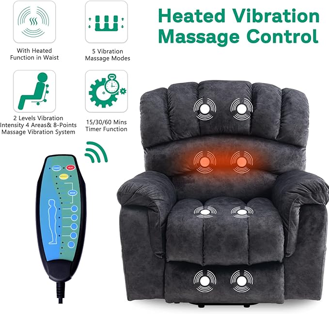 VIVIJASON Large Power Lift Chair Electric Recliner Chair with Heat & Massage for Elderly Big People, Overstuffed Wide Electric Recliner with 2 Remote Controls, Side Pockets & USB Ports, Dark Gray