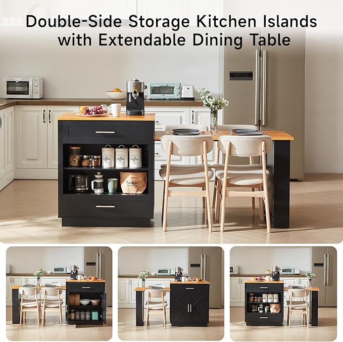 76" Kitchen Islands with Extendable Dining Table, 2-6 Island Table for Kitchen, Mobile Kitchen Table with Double-Side Storage, Kitchen Island on Wheels with Power Outlet & Spice Rack, Black