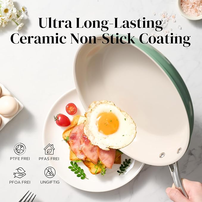 Redchef Ceramic Non Stick Egg Pans, Nonstick Frying Pan Skillet, 8 inch Cooking Pan Non Toxic with Stay Cool Handle for Induction, PTFE & PFAS & PFOA Free, Dishwasher/Oven Safe (Green)