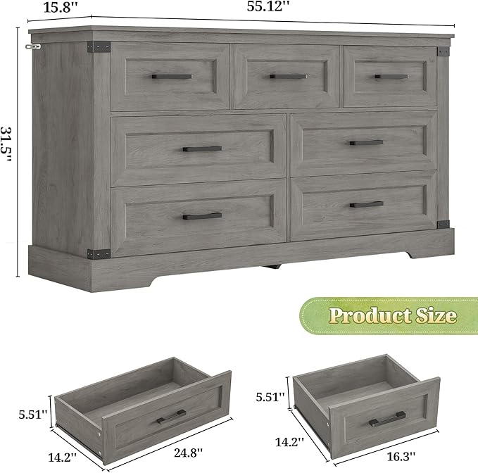 Hasuit Farmhouse 7 Drawers Dresser for Bedroom, Wooden Long Dresser Chest of Drawers with Thick Styling, Large Capacity Closet Storage Dressers Organizer, Wide Dressers for Bedroom, Hallway, Oak Gary