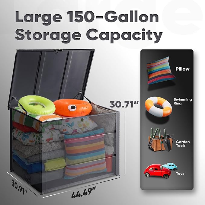 Quictent 150 Gallon Metal Outdoor Deck Box with Hydraulic Lid, Easy Assemble Waterproof Weather-Resistant Storage Bin, 660LBS Capacity for Patio/Garden/Poolside, Grey