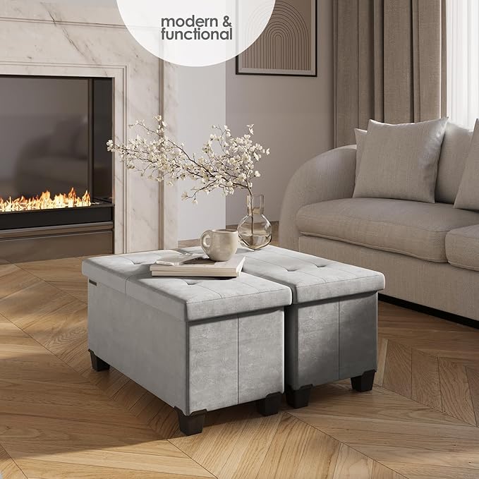 STORAGEBUD Storage Ottoman Bench with Bins, 30-in Storage Bench for Bedroom End of Bed, Folding Foot Rest Ottoman for Living Room Max 660lbs, Velvet Ottomans, Light Grey