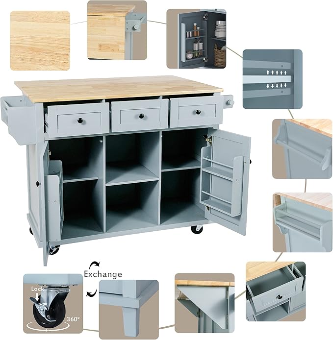 Rolling Kitchen Island Cart on Wheels with Drop-Leaf Cabinet Door Internal Storage Rack, 3 Drawers for Kitchen, Dining Room, Living Room, Home Bar, Bathroom 53.1"W*29.5"D*37.2"H Grey Blue