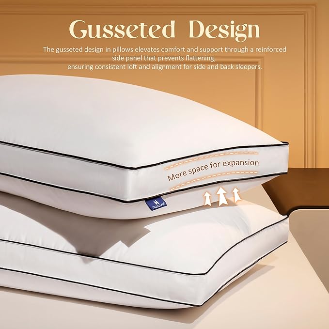 Feather Down Pillows Standard Size Set of 2 with Gusset, Luxury Hotel Collection Bed Pillow 2 Pack, Down Surrounded Gusseted Pillows for Sleeping, Fluffy for Side, Back Sleepers 20x26 in.