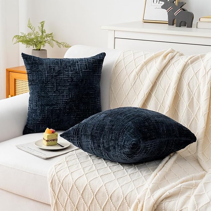 Decorative Throw Pillow Covers 16x16 Inch Set of 2, Soft Solid Farmhouse Chenille Couch Pillows, Spring Pillow Covers for Couch Sofa Bed Living Room Home Decor Pillowcase, Dark Blue