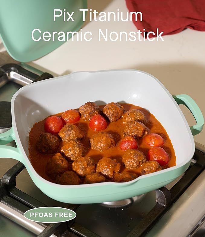 10.5 Inch(3.8QT) Ceramic Pan with Lid,Non Stick Frying Pans Cast Aluminum Deep Sauté Pans,Ti-Ceramic Non Toxic Pix Pan with Wooden Spatula and Scrubber-Mint Haze