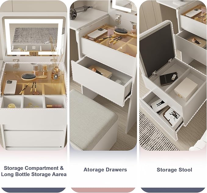 Vanity Desk with Flip Top Lighted Mirror, Compact Makeup Table with Storage Stool, Integrated Vanity with Drawers, 3-in-1 Vanity Desk Set, Small Dressing Table for Bedroom (White)