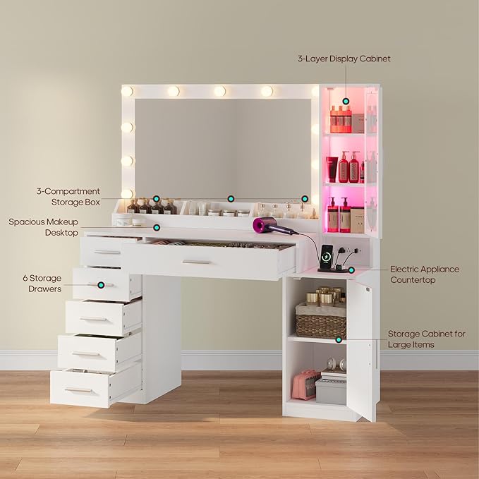 Makeup Vanity Desk with Large 31.5" Mirror and Lights, 46.1" Vanity with RGB Lights & Charging Station, Vanity Table with 6 Drawers & Cabinet & Shelves, White