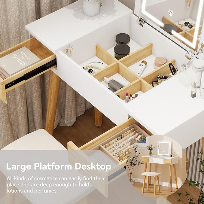 YOURLITE Makeup Vanity Desk with Flip-top Mirror and Lights, 3-in-1 Makeup Vanity Table with 2 Drawers and Cushioned Stool, Writing Desk Dressing Table Vanity Set