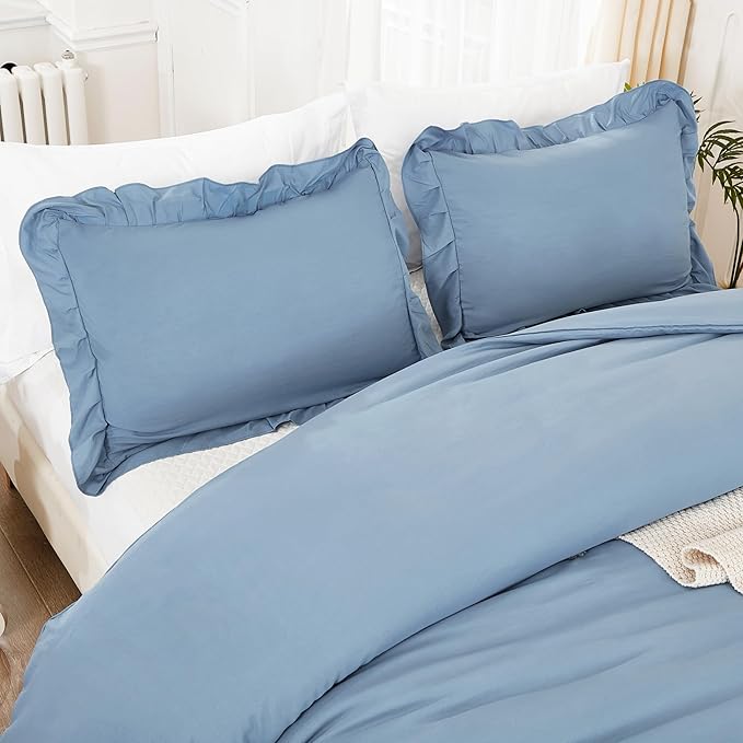 Litanika Grayish Blue Full Size Comforter Sets, 3 Pieces Ruffle Farmhouse Aesthetic Bedding Comforter Sets, All Season Soft Lightweight Fluffy Microfiber Bed Set(79x90In Comforter, 2 Pillowcases)