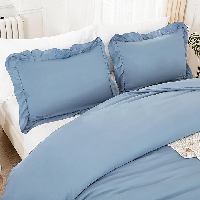 Litanika Grayish Blue Queen Comforter Set, 3 Pieces Ruffle Farmhouse Aesthetic Bedding Comforter Set, All Season Soft Lightweight Fluffy Microfiber Bed Set(90x90In Comforter, 2 Pillowcases)
