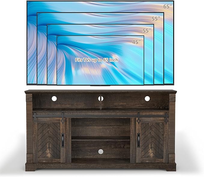 Farmhouse TV Stand for 65+ Inch TV, 31" Tall Entertainment Center with Adjustable Shelf, Rustic Media Console with Sliding Barn Door, Wood Television Stand for Living Room, Dark Rustic Oak